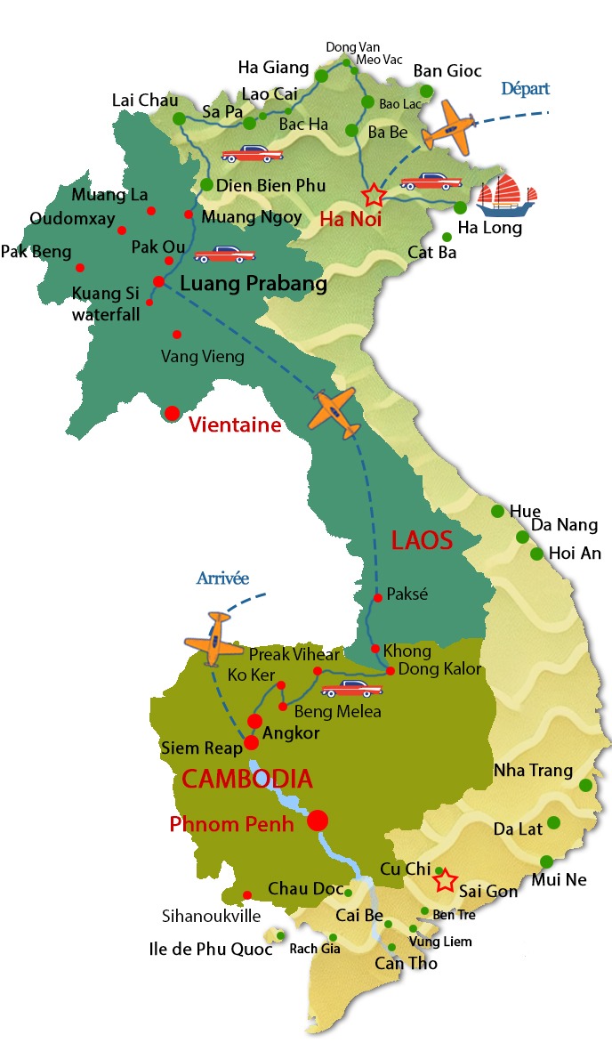 Carte du circuit combin&eacute; Cambodge Laos Vietnam d'Angkor &agrave; l&agrave; baie d'Halong en 22 jours avec l'agence locale Tonkin Voygae